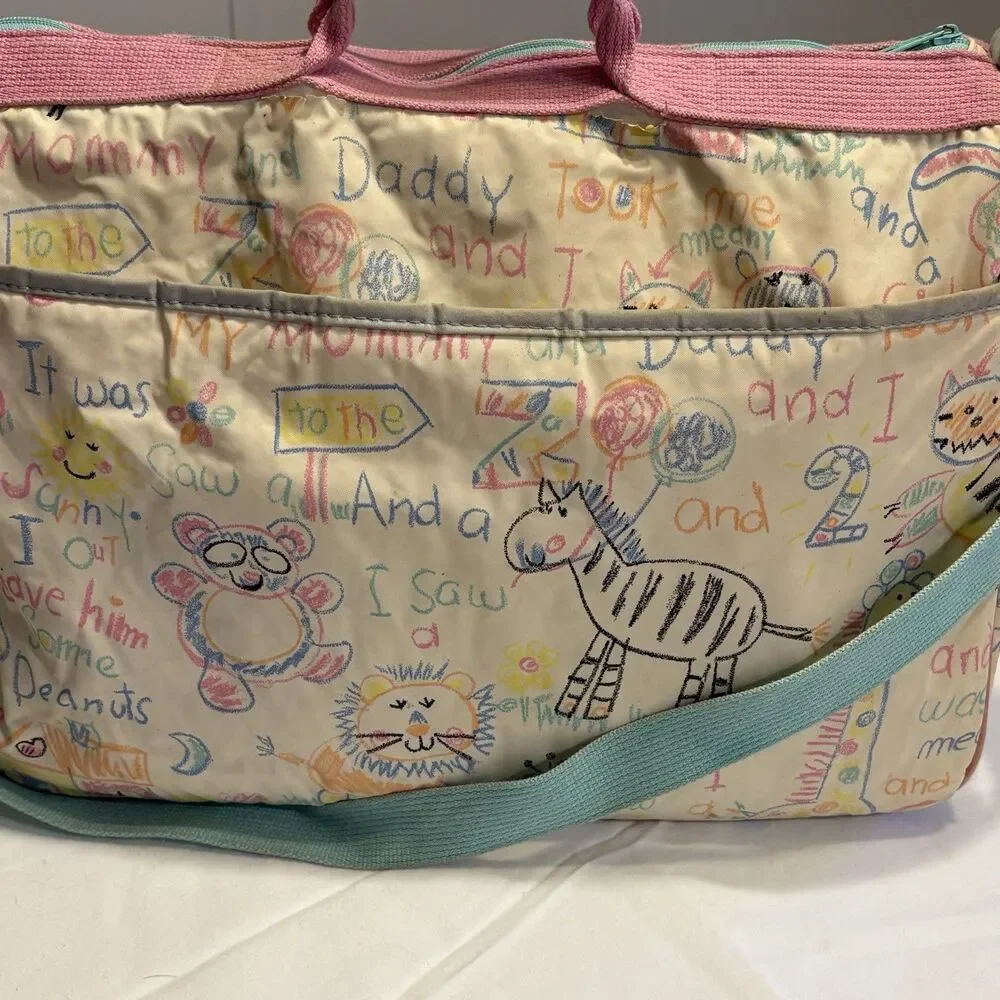 Vintage 90s Baby Boom Diaper Bag Zoo Animals Doodle Pink Blue Mommy Daddy